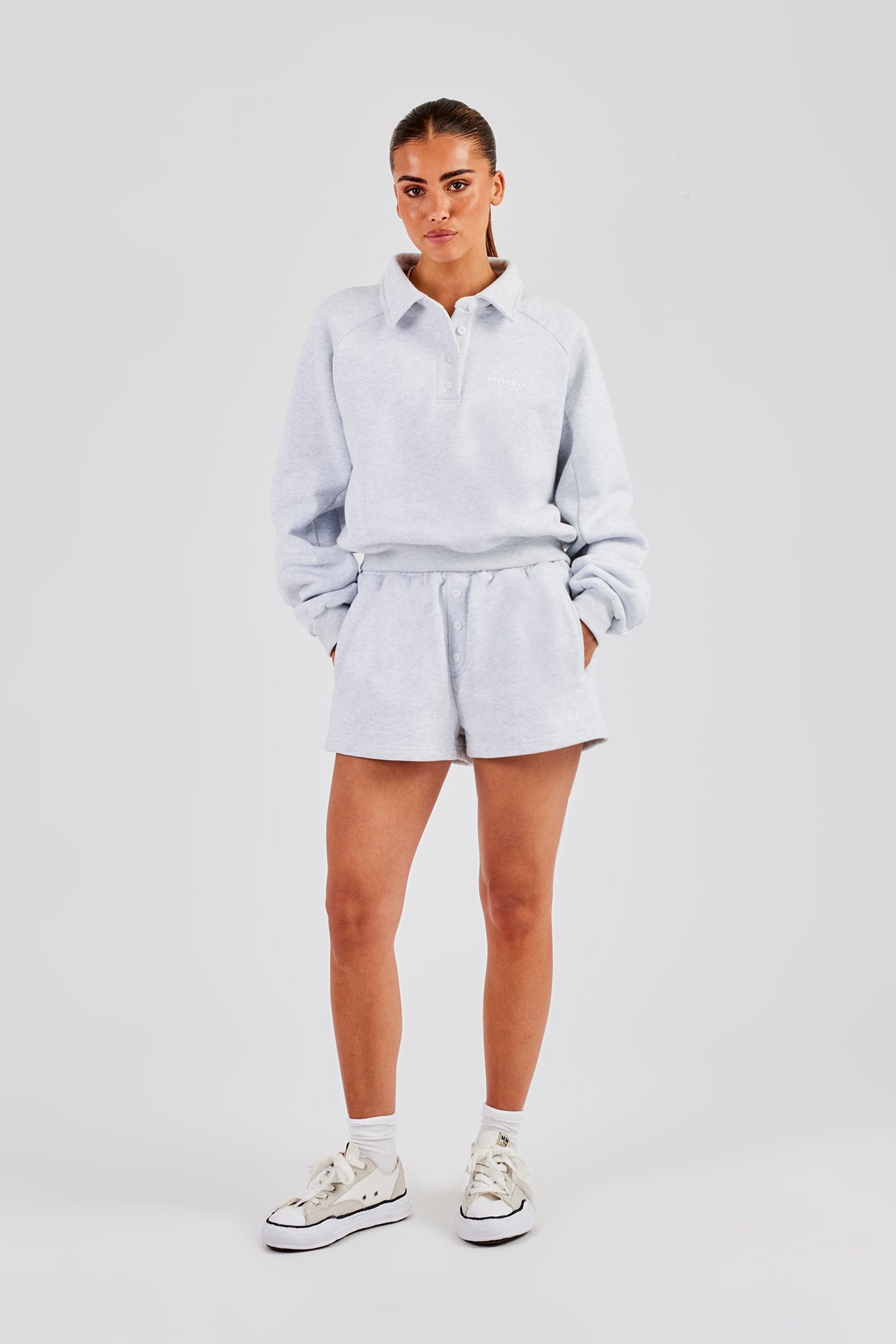 Polo Sweatshirt & Button Detail Short - Heather Grey