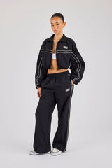 Crinkle Nylon Piping Wide Leg Jogger - Black
