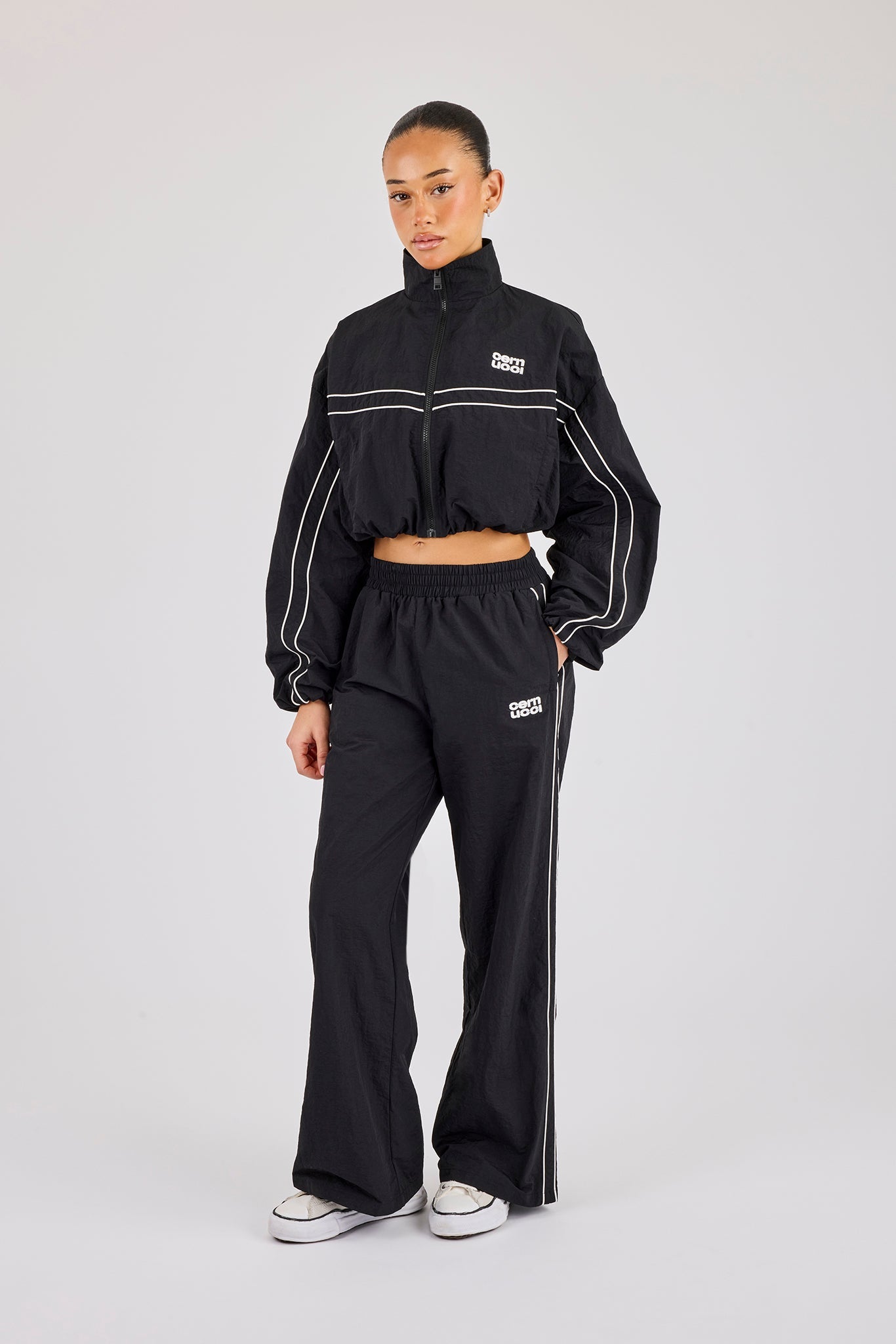 Crinkle Nylon Cropped Piping Track Jacket & Wide Leg Jogger - Black
