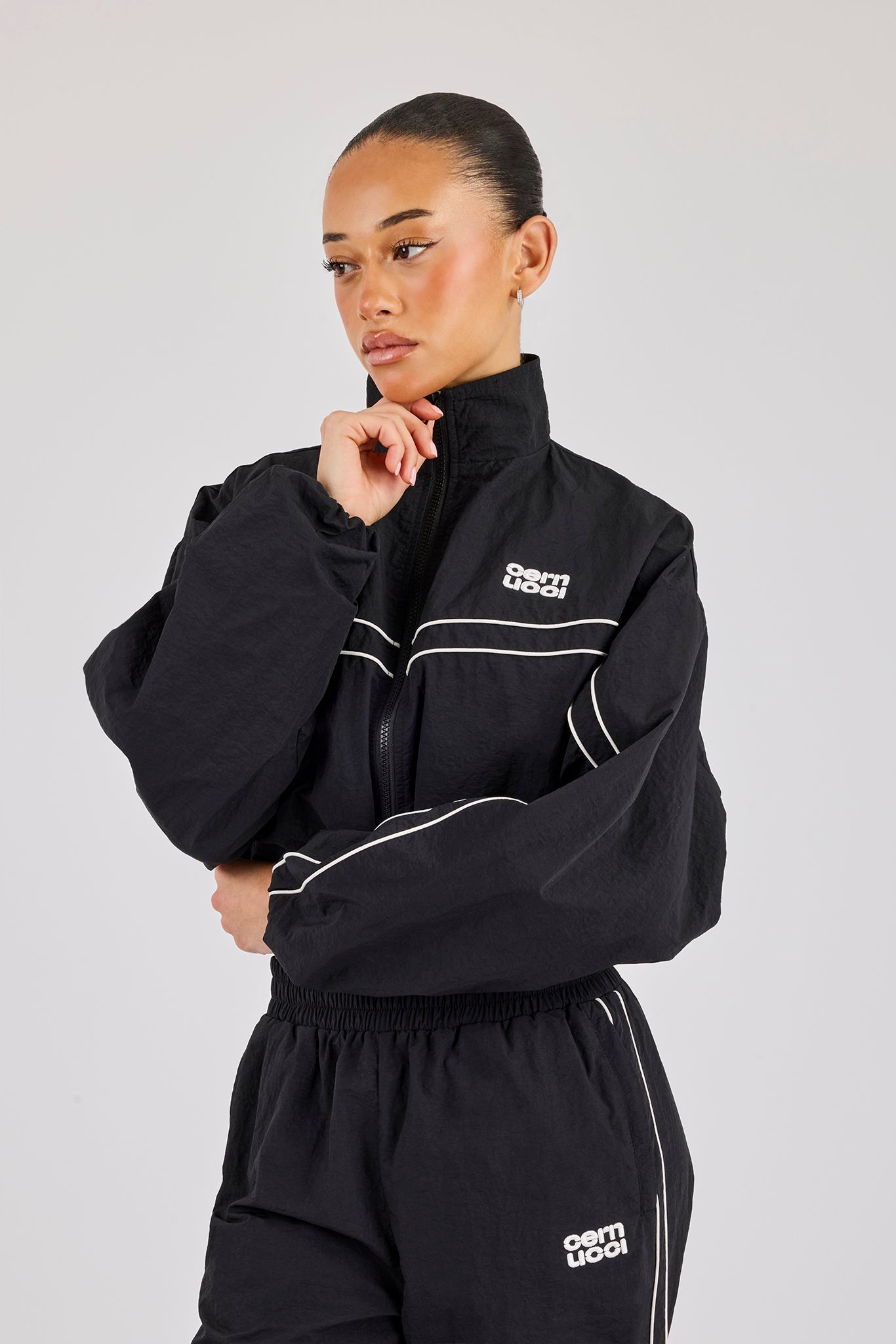 Crinkle Nylon Cropped Piping Track Jacket - Black