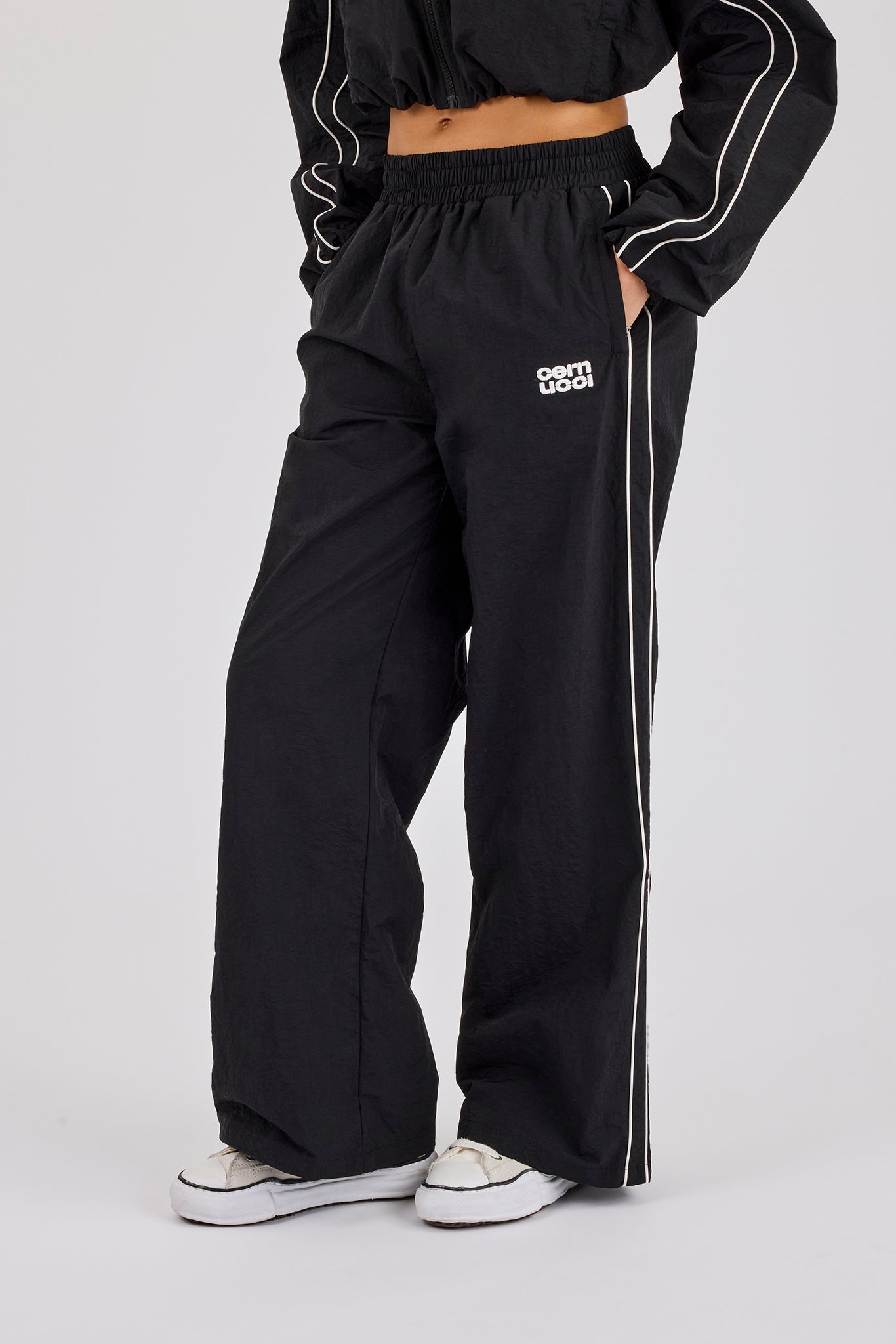 Crinkle Nylon Piping Wide Leg Jogger - Black