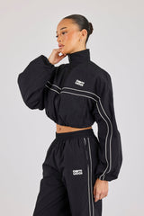 Crinkle Nylon Cropped Piping Track Jacket - Black