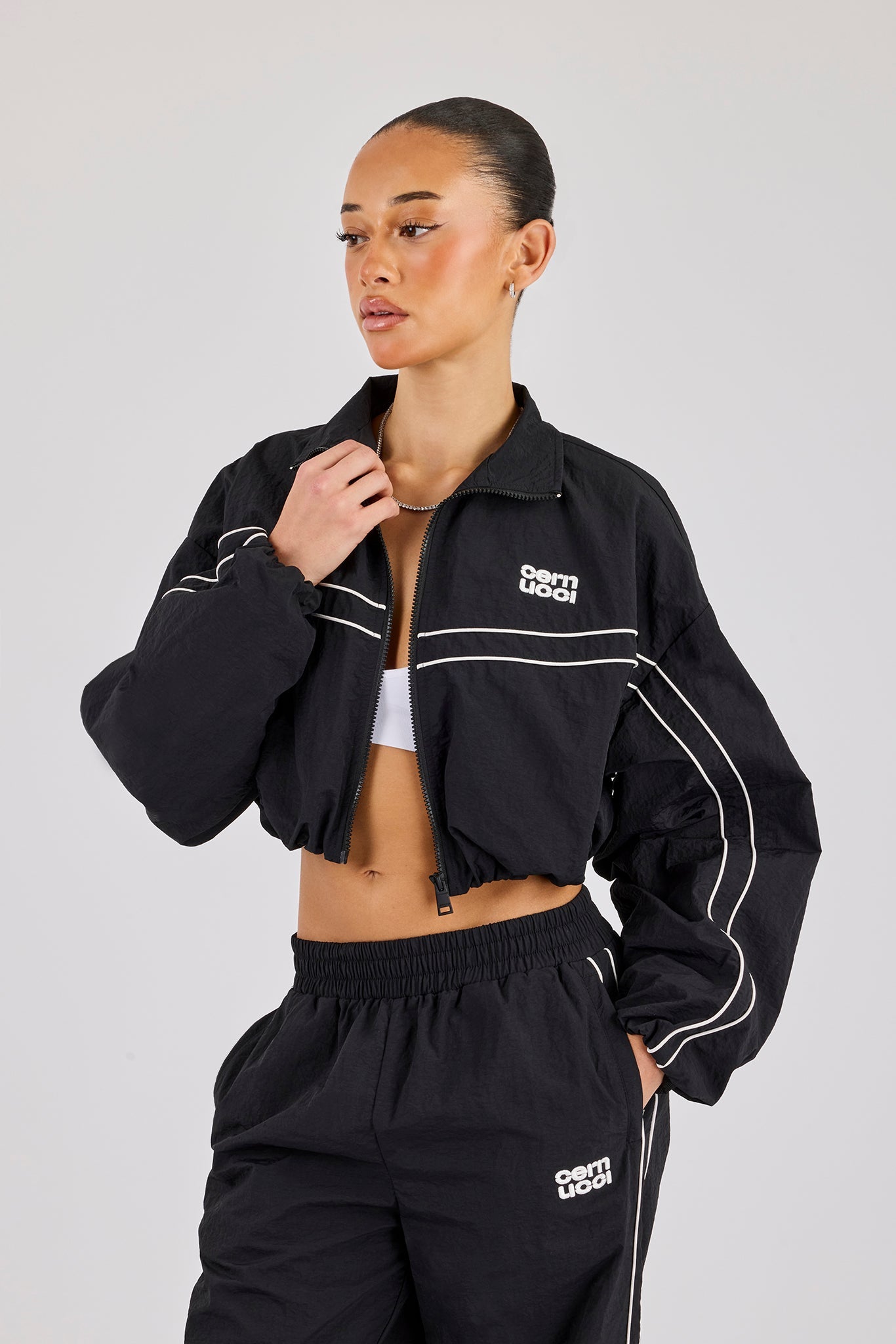 Crinkle Nylon Cropped Piping Track Jacket - Black