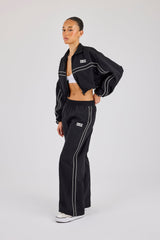 Crinkle Nylon Cropped Piping Track Jacket & Wide Leg Jogger - Black