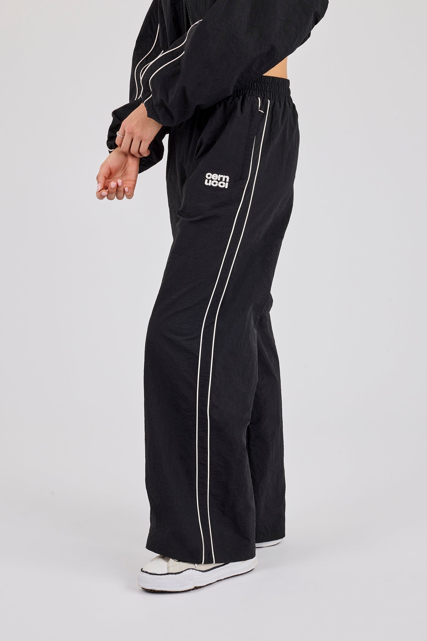 Crinkle Nylon Piping Wide Leg Jogger - Black