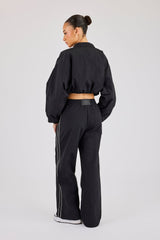 Crinkle Nylon Cropped Piping Track Jacket & Wide Leg Jogger - Black