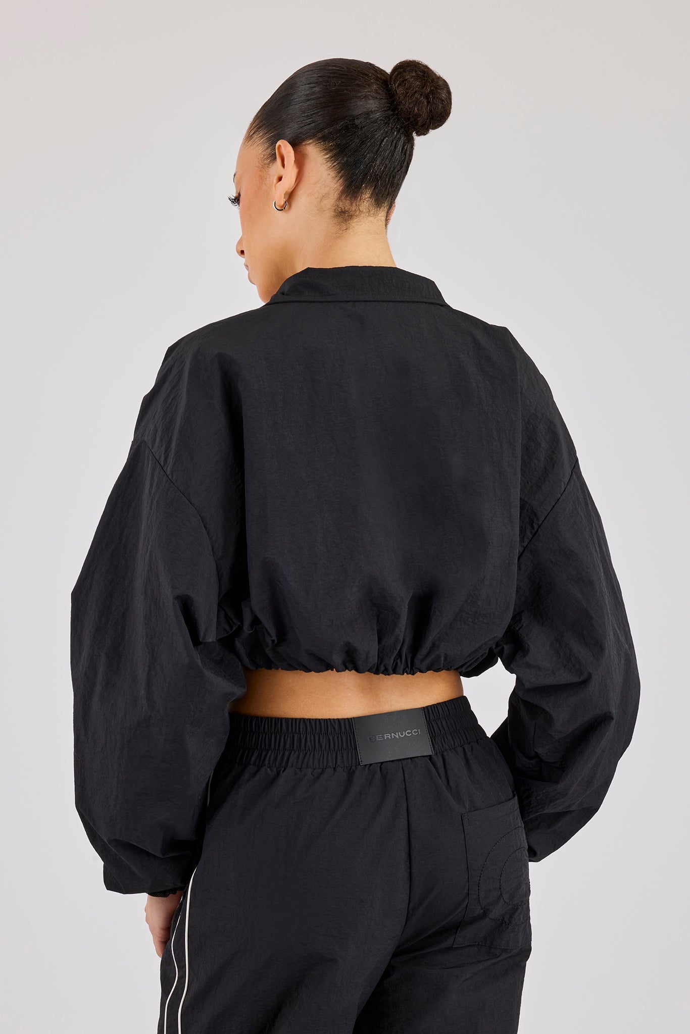 Crinkle Nylon Cropped Piping Track Jacket - Black