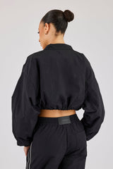 Crinkle Nylon Cropped Piping Track Jacket - Black