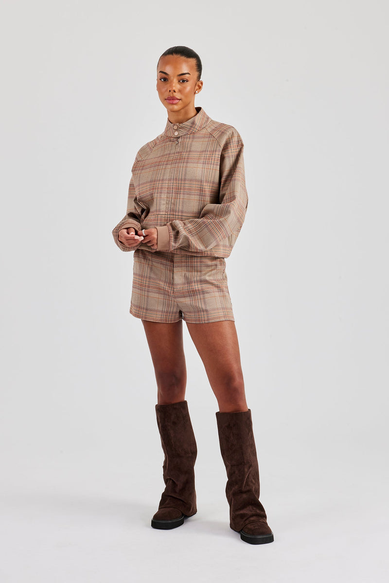 Oversized Check Collarless Jacket & Short - Brown