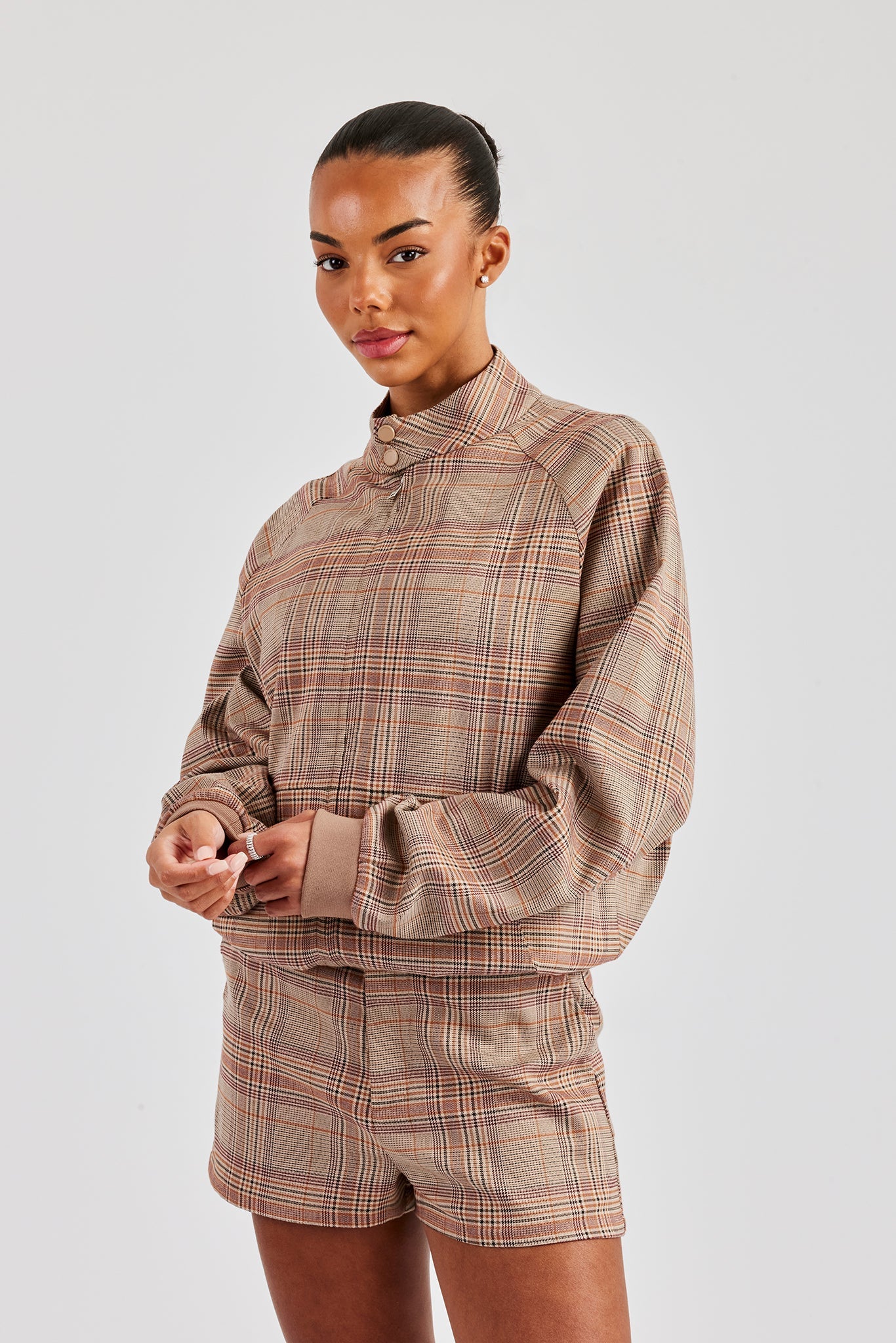 Check Collarless Jacket - Brown | Womens Outerwear | Shop Tailored