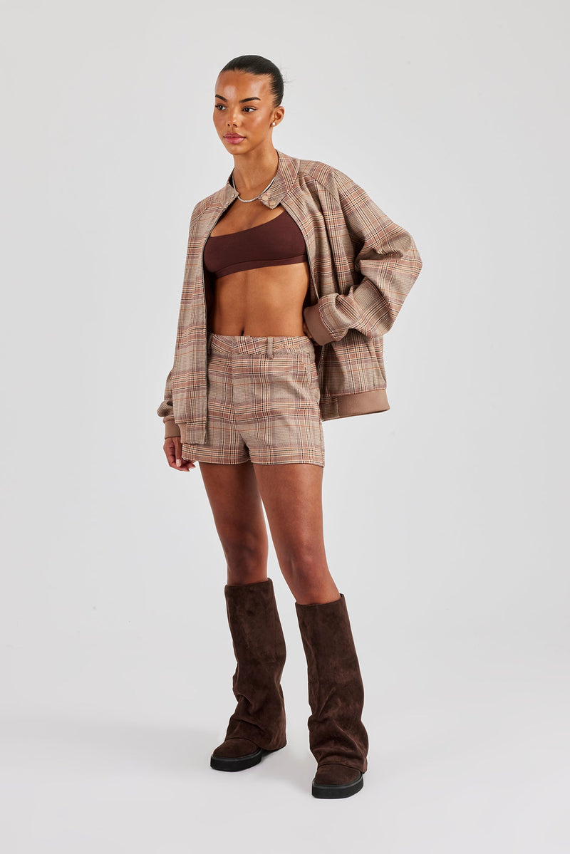 Oversized Check Collarless Jacket & Short - Brown