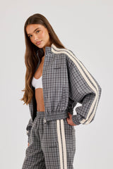 Check Funnel Neck Taping Track Jacket - Grey
