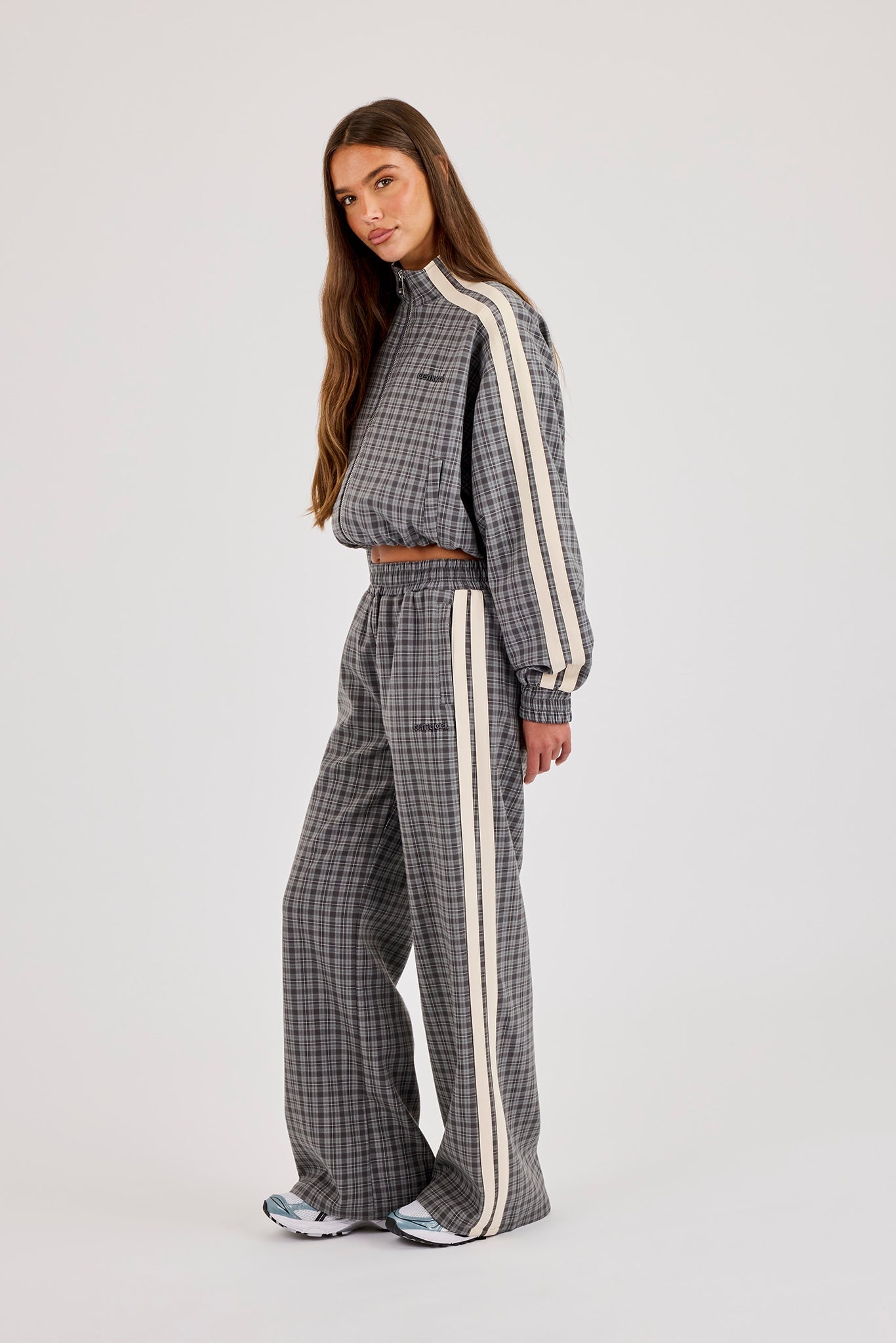 Check Funnel Neck Taping Track Jacket & Trouser - Grey