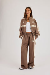 Football Cropped Zip Through Track Jacket & Baggy Taping Jogger - Taupe