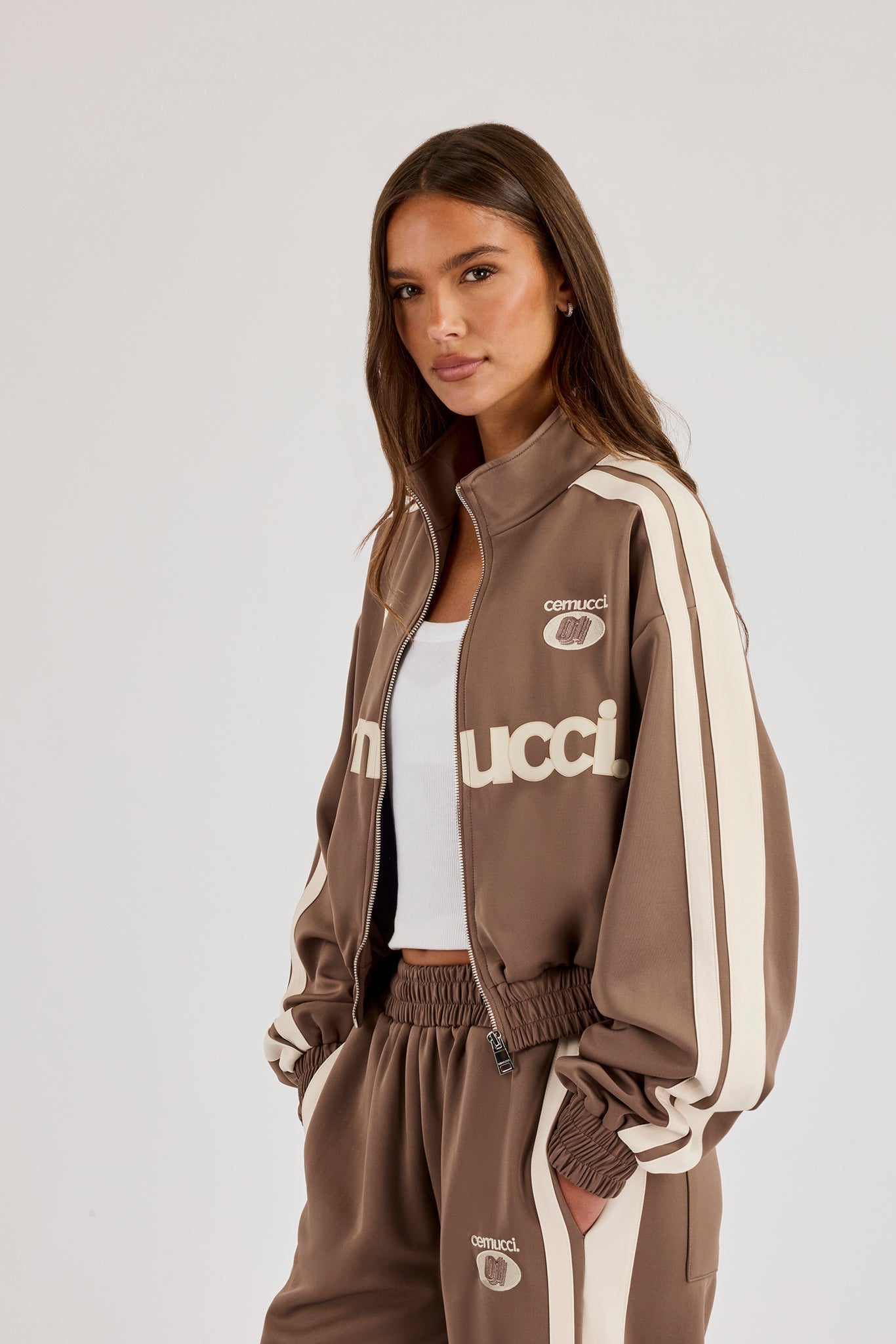Football Cropped Zip Through Track Jacket - Taupe