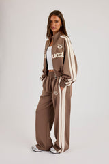 Football Cropped Zip Through Track Jacket & Baggy Taping Jogger - Taupe