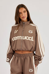 Football Cropped Zip Through Track Jacket - Taupe