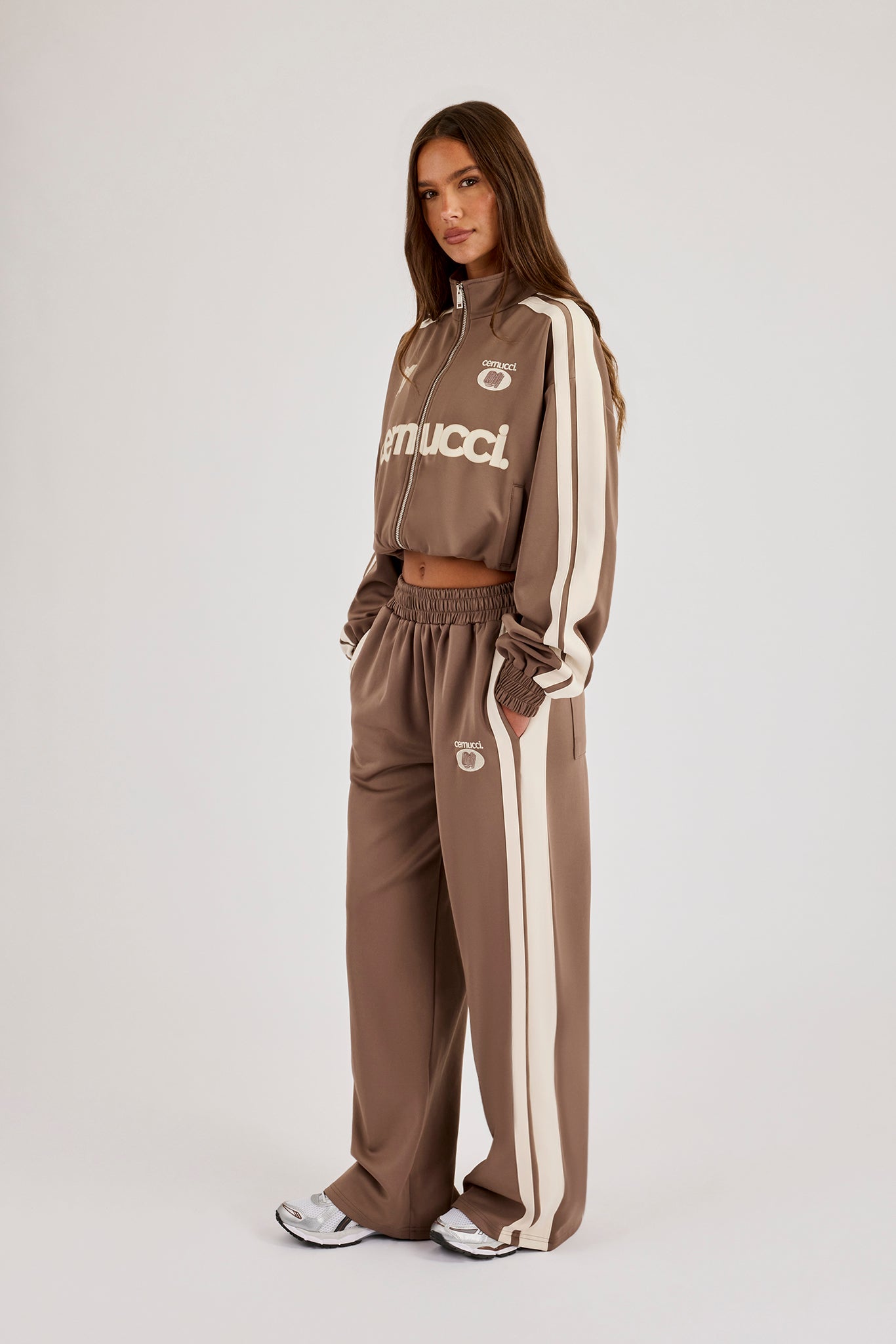Football Cropped Zip Through Track Jacket & Baggy Taping Jogger - Taupe