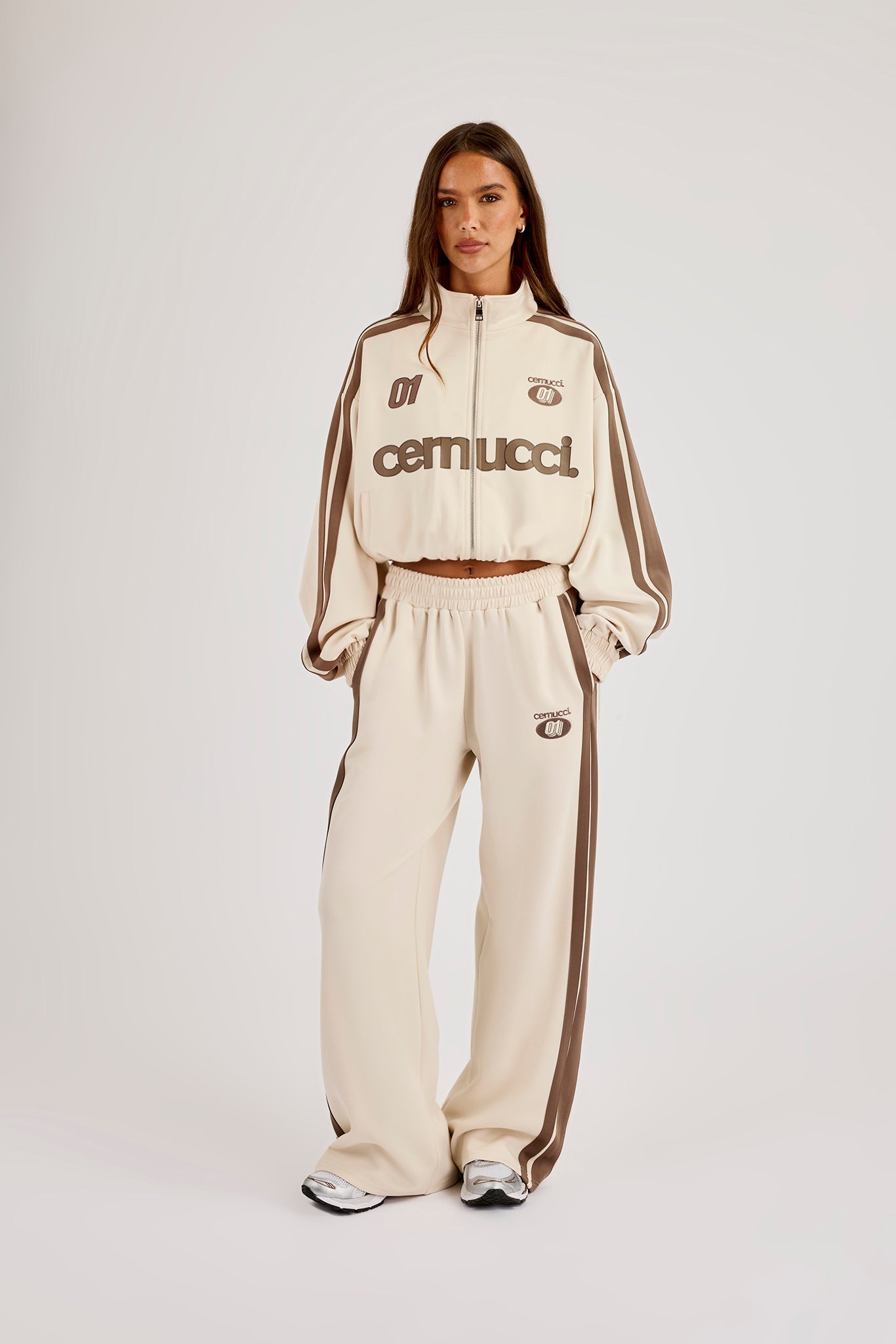 Football Cropped Zip Through Track Jacket & Baggy Taping Jogger - Off White