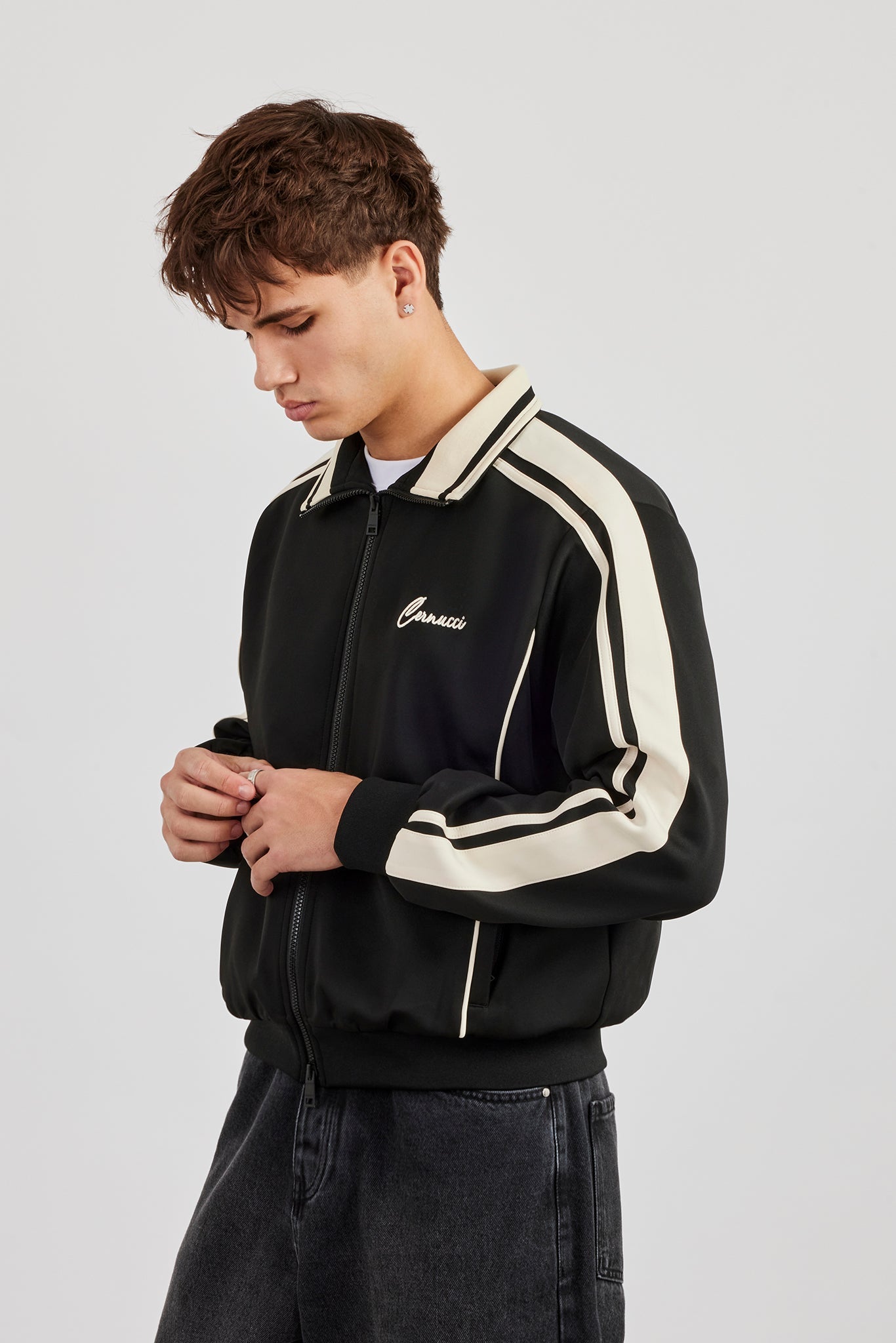 Rib Collar Regular Track Jacket - Black