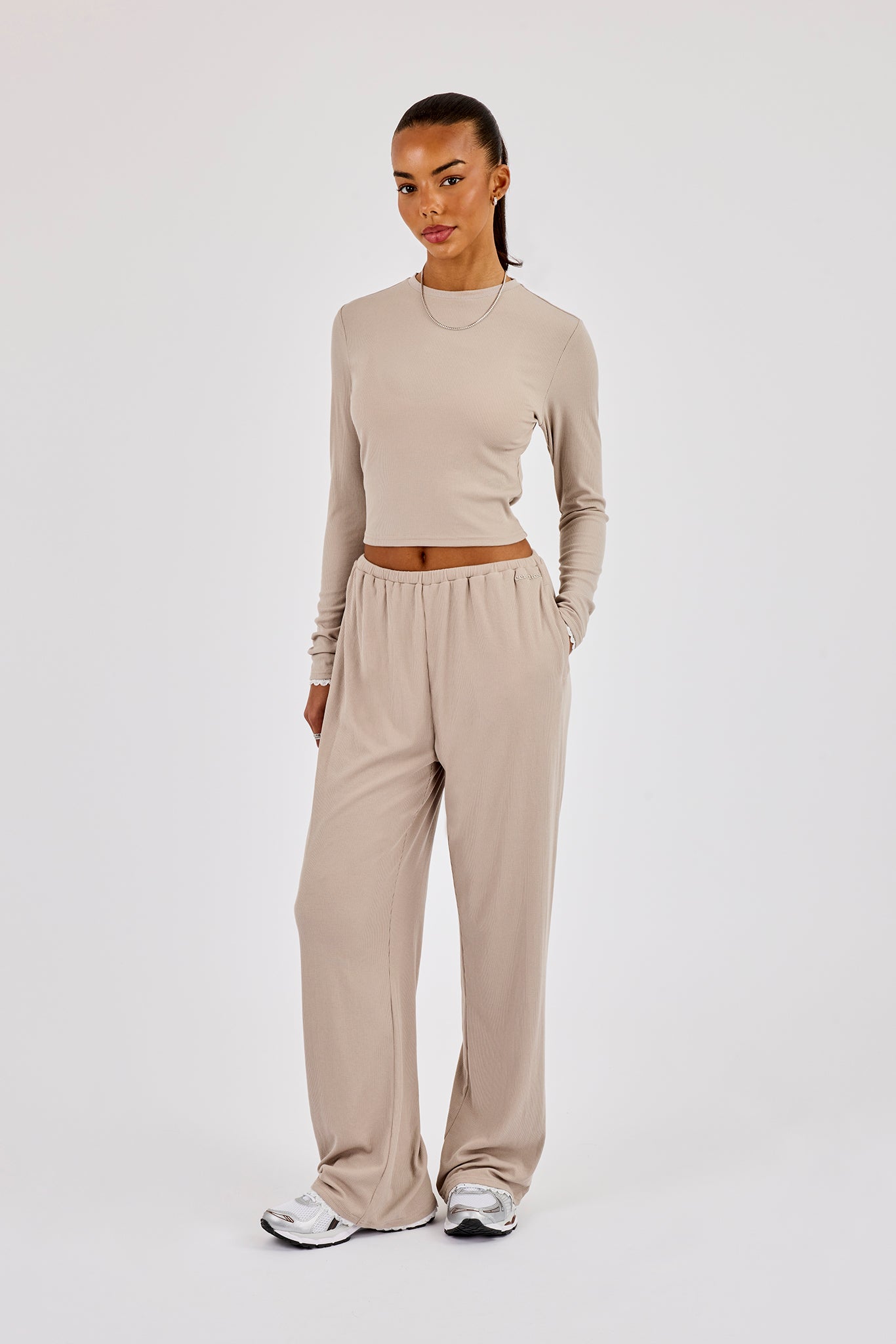 Soft Touch Ribbed Long Sleeve T-Shirt & Trouser - Taupe