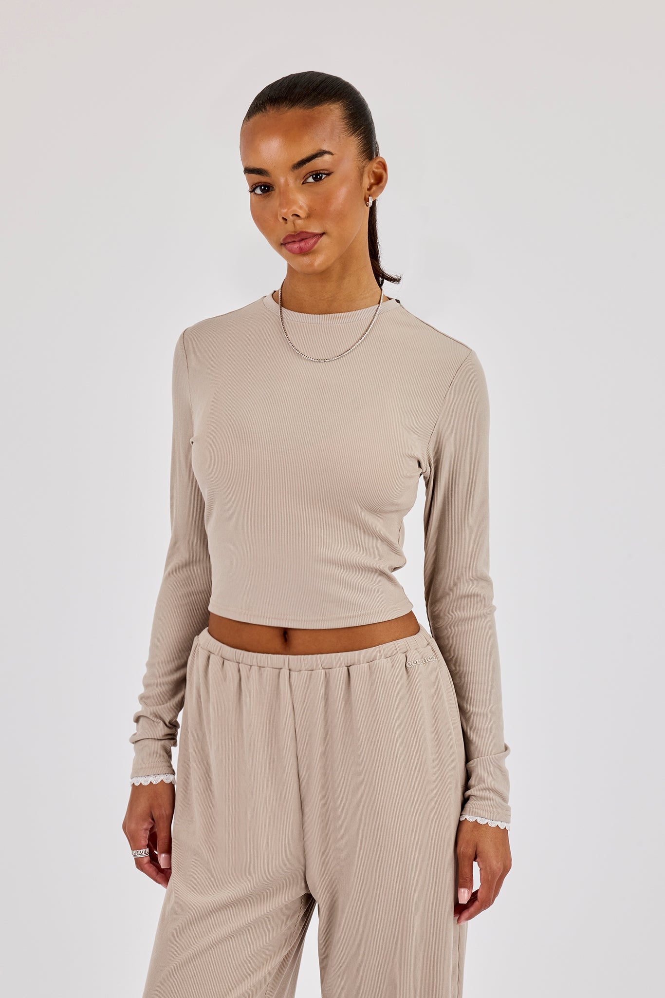 Soft Touch Ribbed Long Sleeve T-Shirt - Taupe