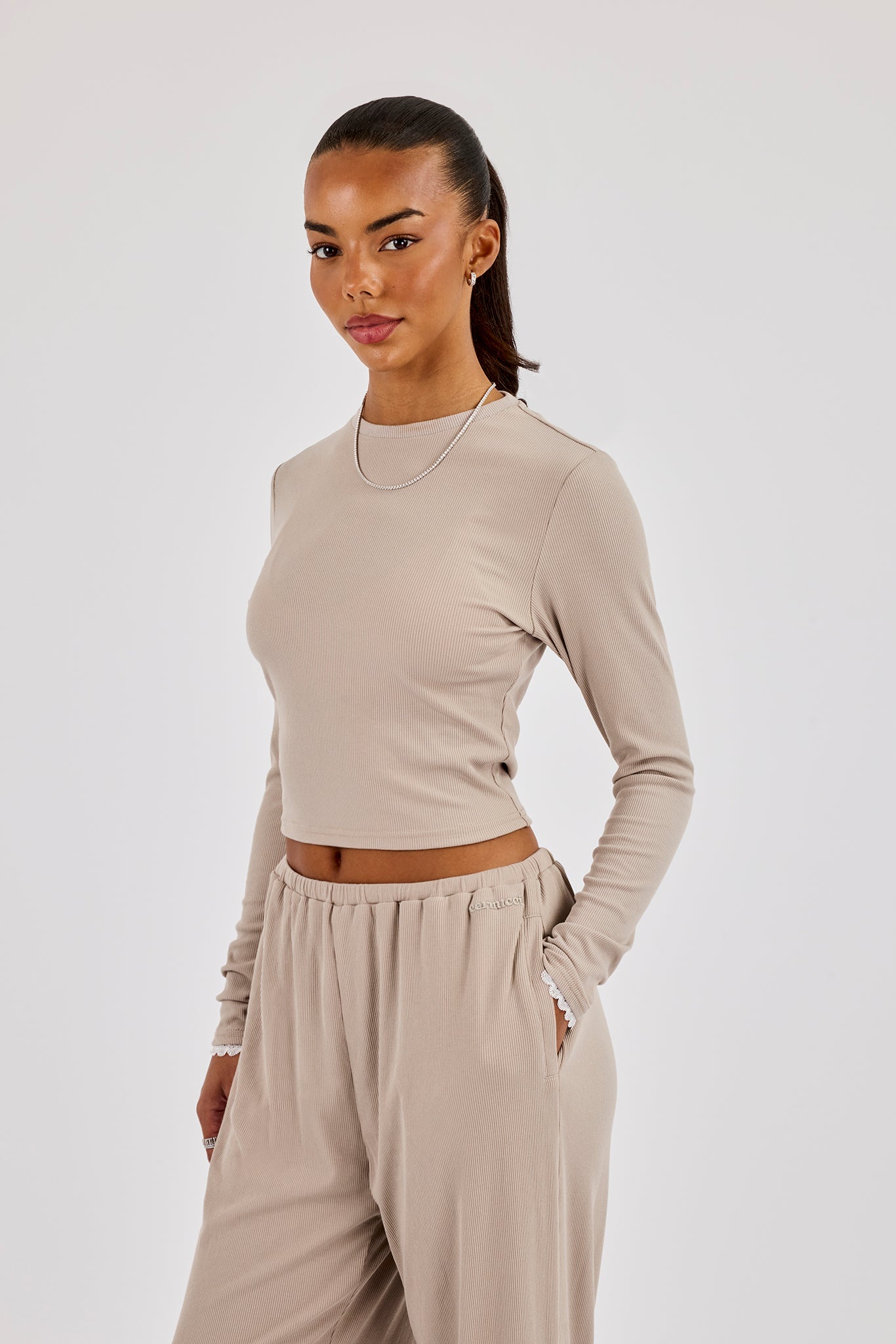 Soft Touch Ribbed Long Sleeve T-Shirt - Taupe