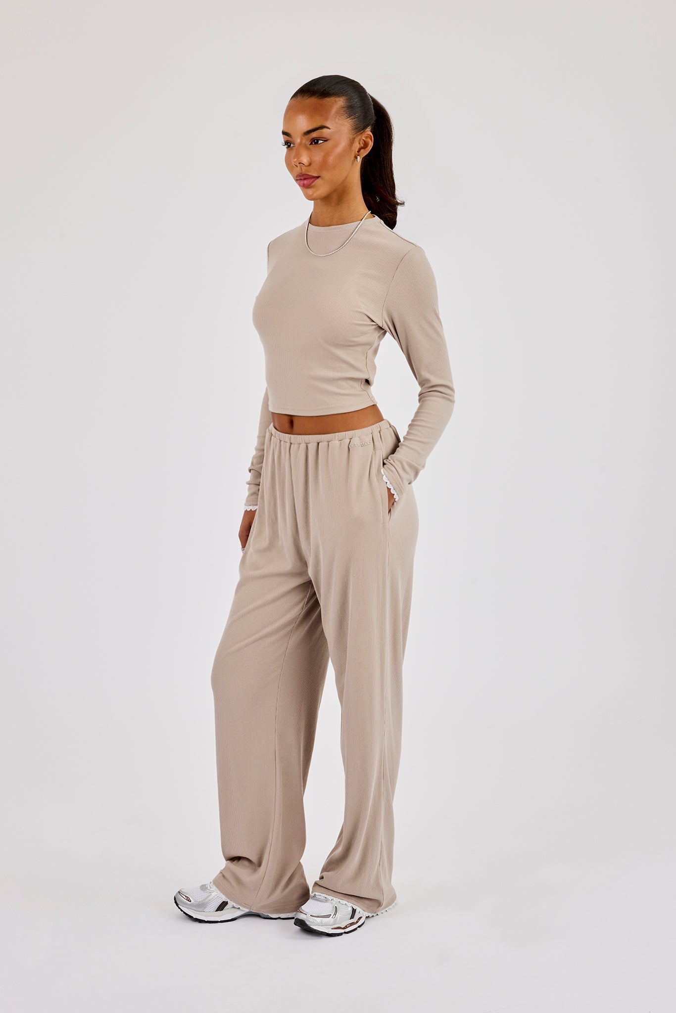 Soft Touch Ribbed Long Sleeve T-Shirt & Trouser - Taupe