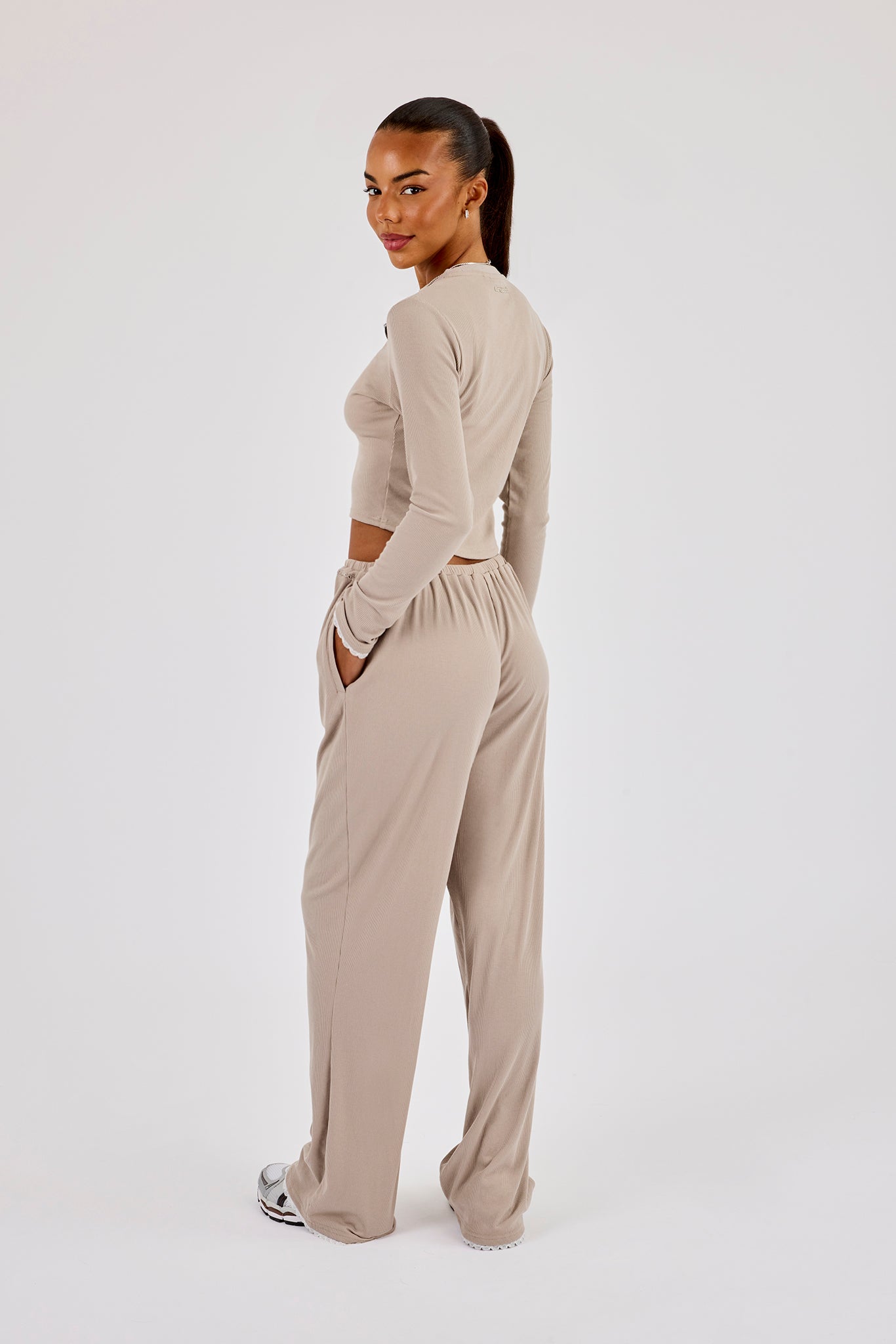 Soft Touch Ribbed Long Sleeve T-Shirt & Trouser - Taupe