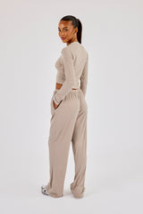 Soft Touch Ribbed Long Sleeve T-Shirt & Trouser - Taupe