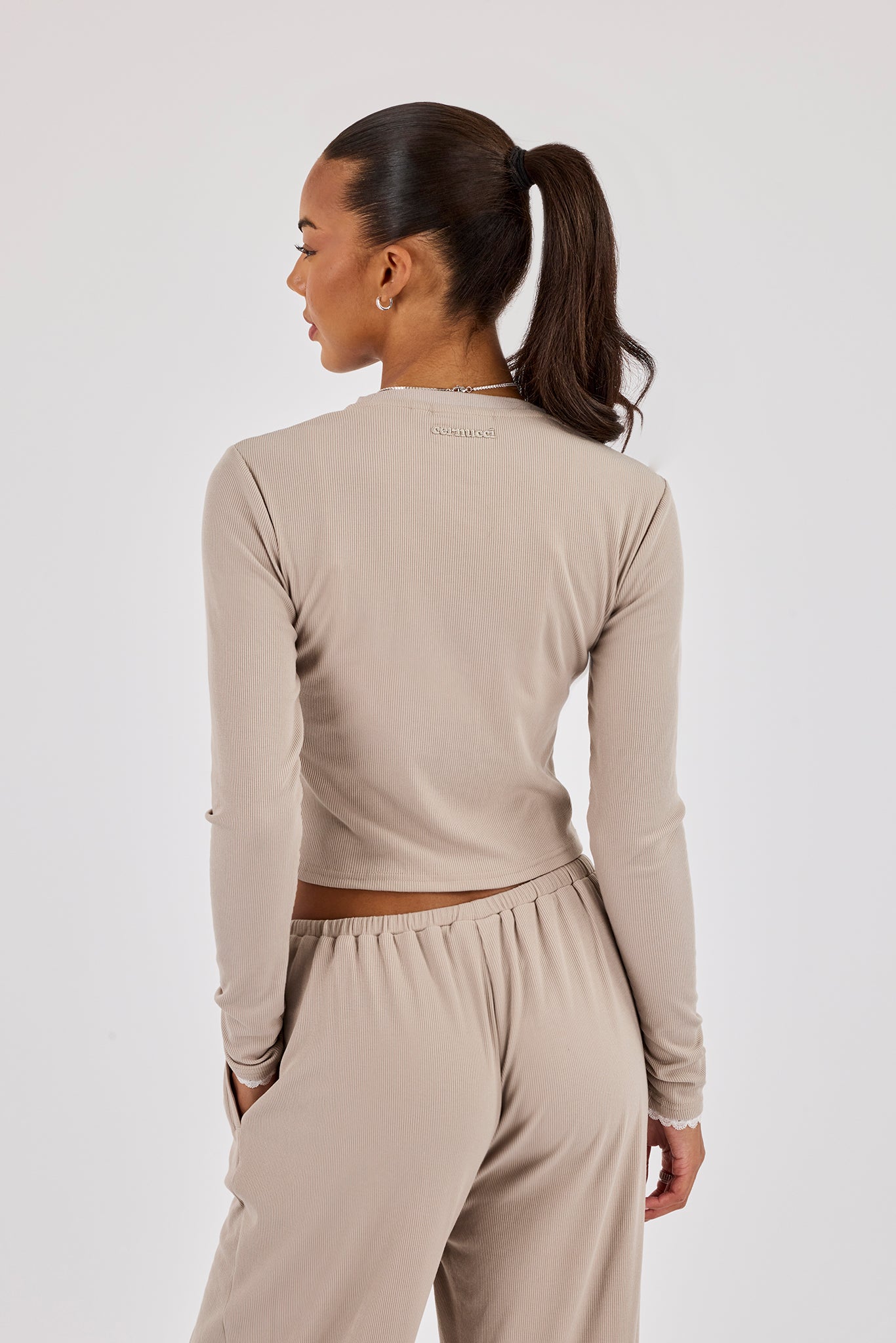 Soft Touch Ribbed Long Sleeve T-Shirt - Taupe