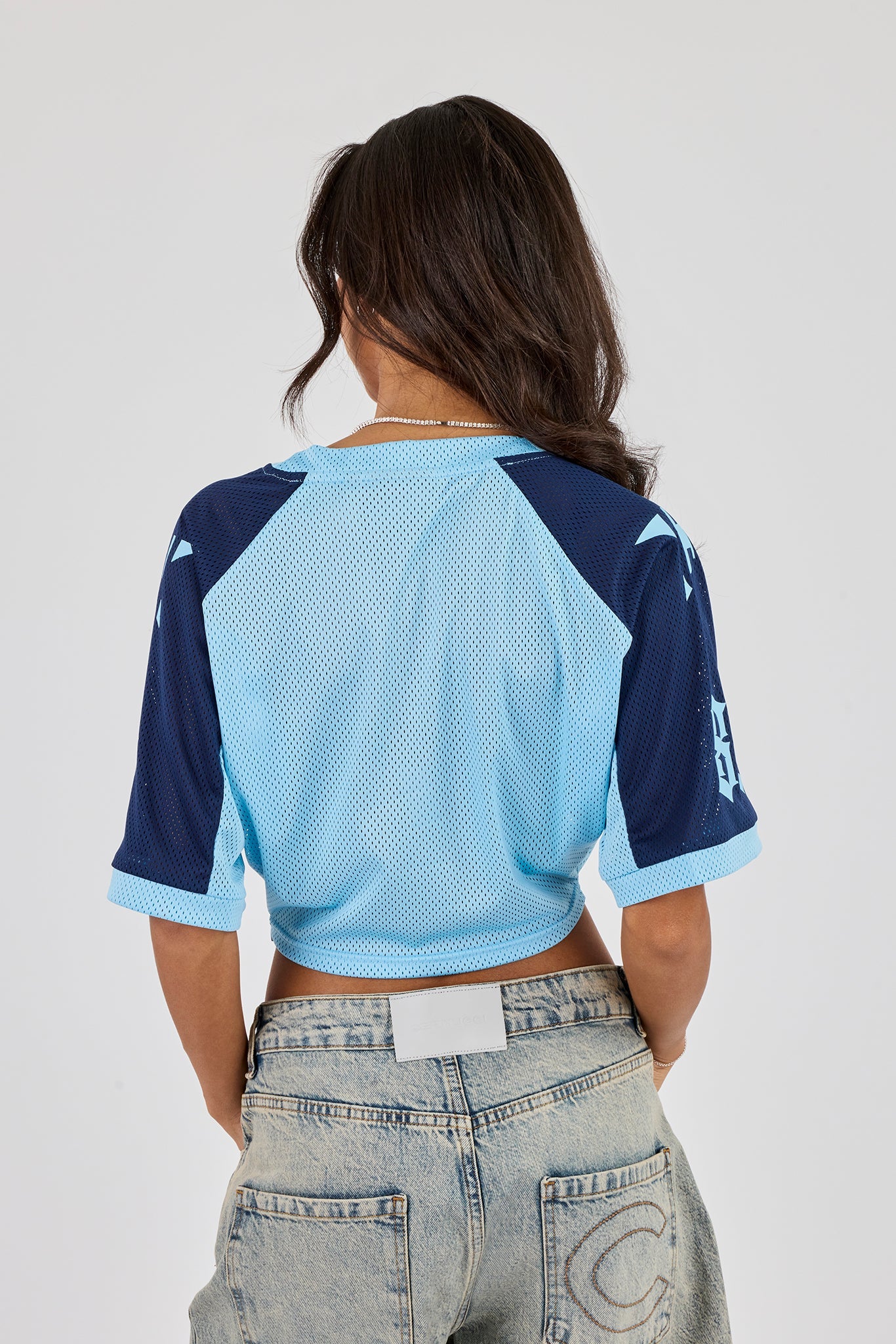 Mesh Fitted Cropped Top - Light Blue