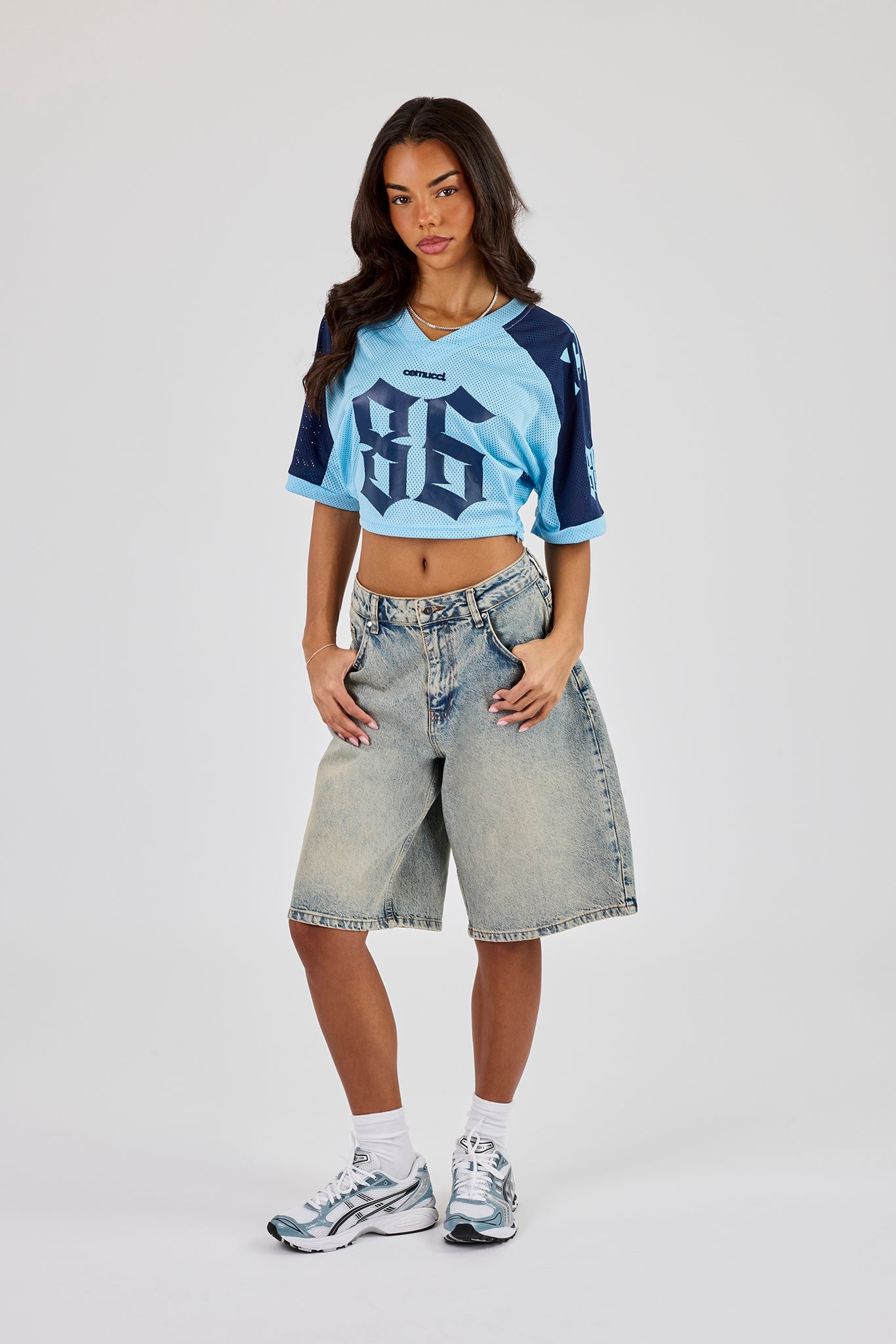 Mesh Fitted Cropped Top - Light Blue
