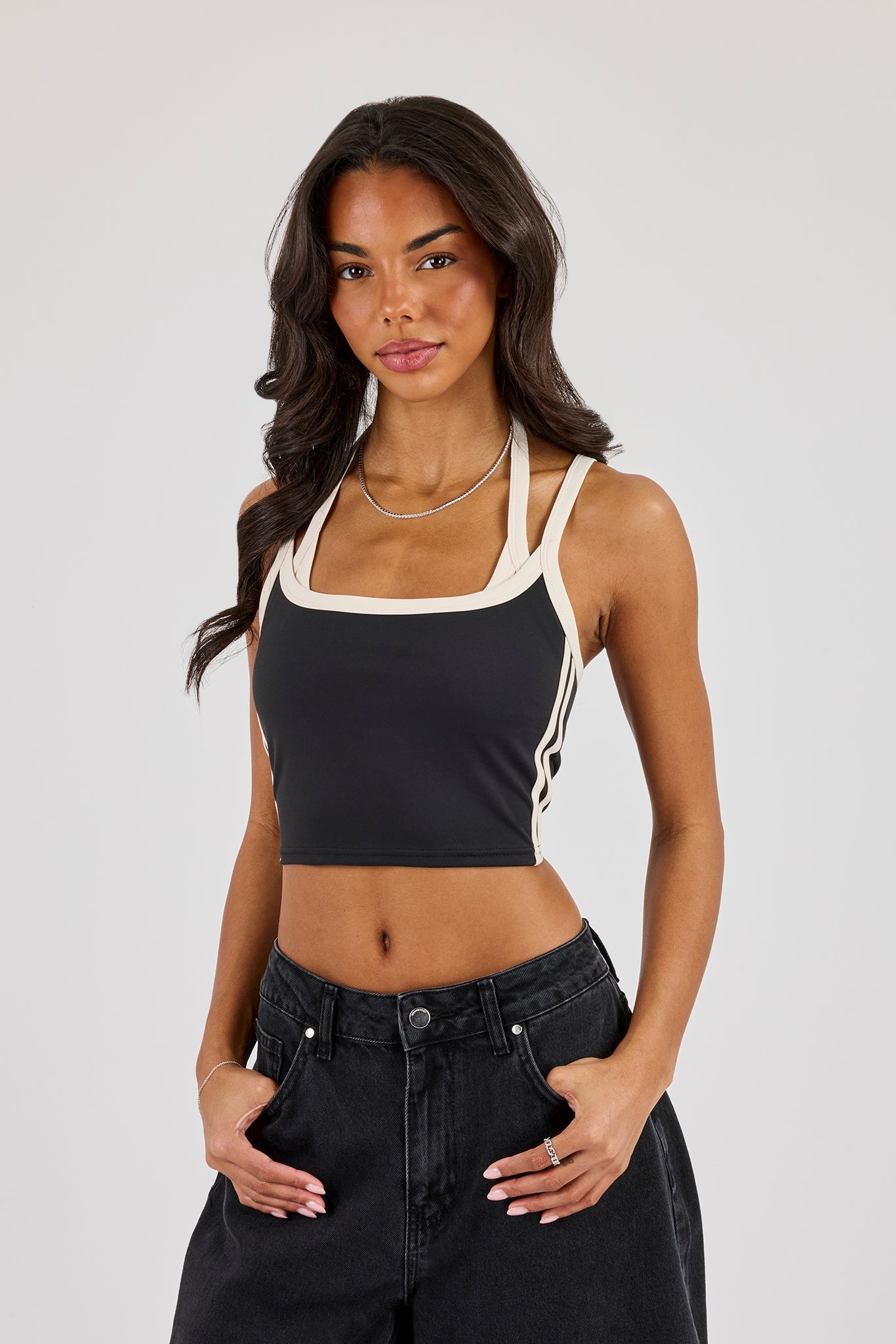 Layered Contrast Strap Top - Black