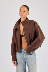 Twill Funnel Neck Jacket - Brown