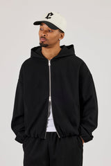 Ottoman Rib Zip Through Hoodie - Black