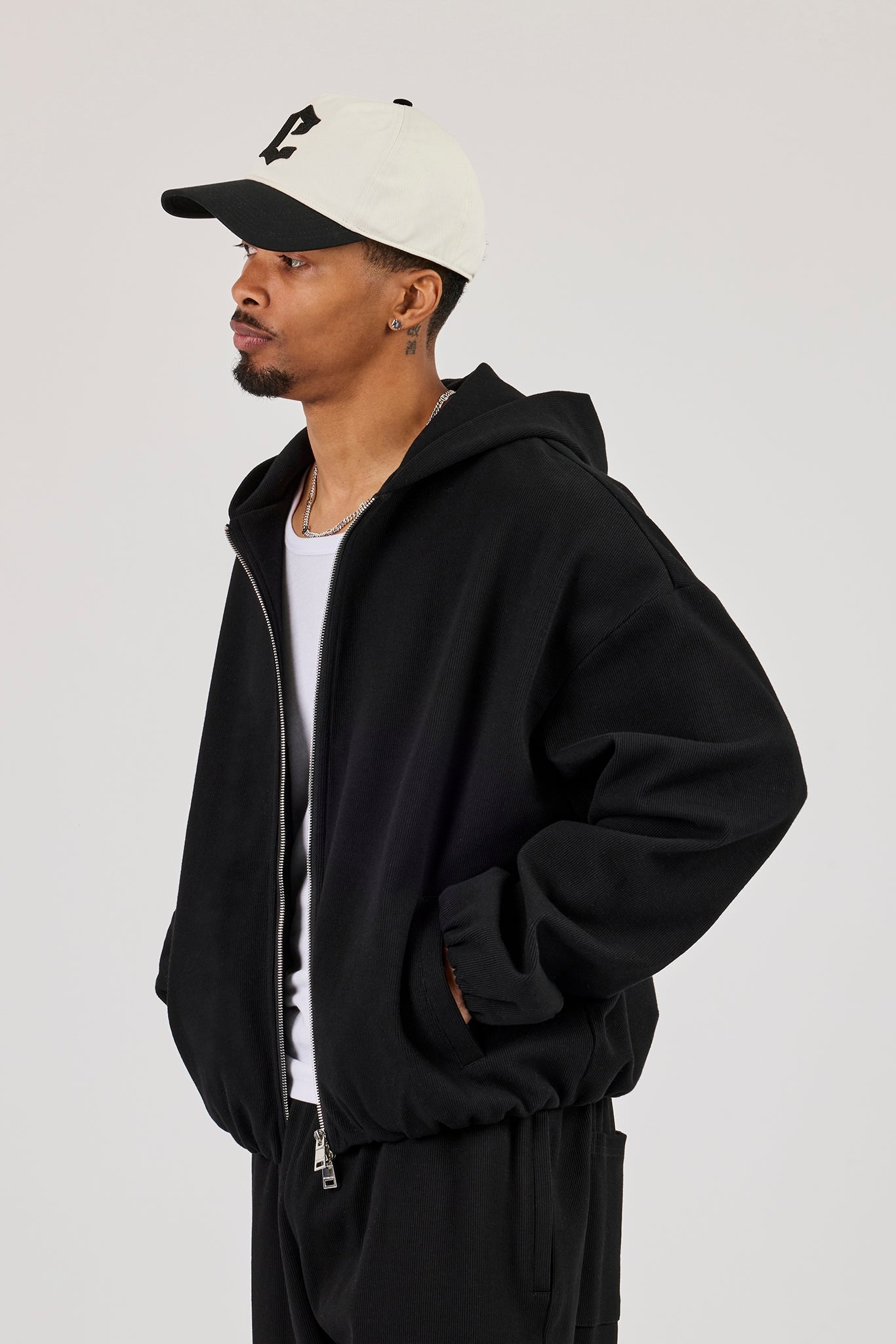 Ottoman Rib Zip Through Hoodie - Black