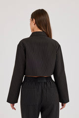 Pinstripe Taping Cropped Harrington Jacket - Black