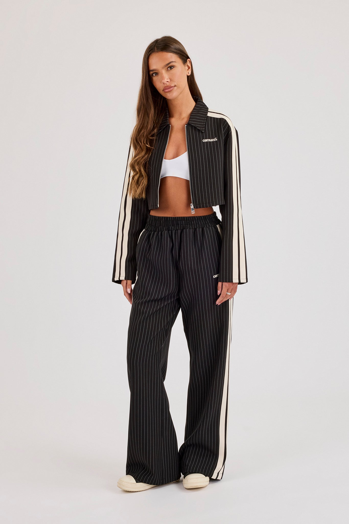 Pinstripe Taping Cropped Harrington Jacket & Wide Leg Jogger - Black