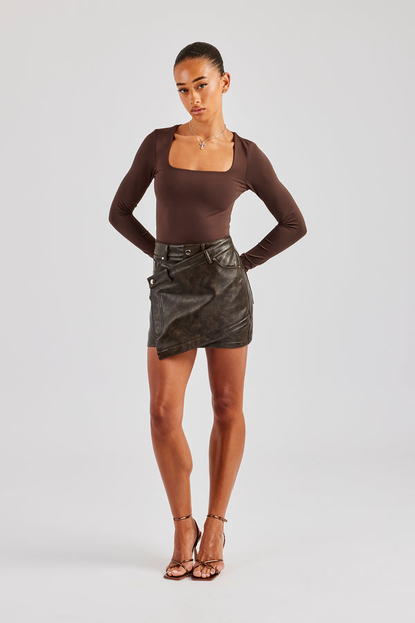 Washed PU Mini Skirt - Brown