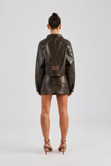 Washed Oversized PU Jacket & Mini Skirt - Brown