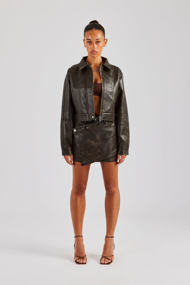 Washed Oversized PU Jacket & Mini Skirt - Brown