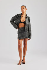 Washed Oversized PU Jacket & Mini Skirt - Charcoal