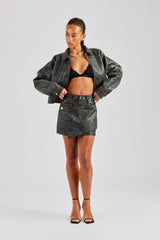 Washed Oversized PU Jacket & Mini Skirt - Charcoal