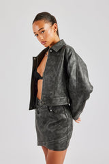 Washed Oversized PU Jacket - Charcoal