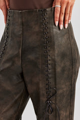 Washed PU Lace Up Detail Trouser - Brown