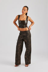 Washed PU Square Neck Top & Lace Up Trouser - Brown