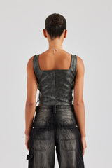 Washed PU Square Neck Top - Charcoal