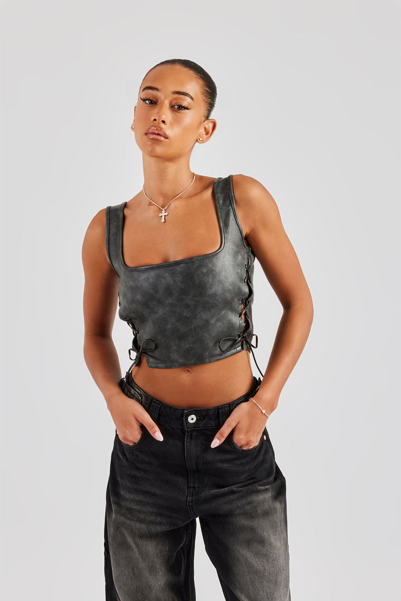 Washed PU Square Neck Top - Charcoal