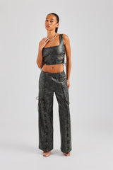 Washed PU Square Neck Top & Lace Up Trouser - Charcoal